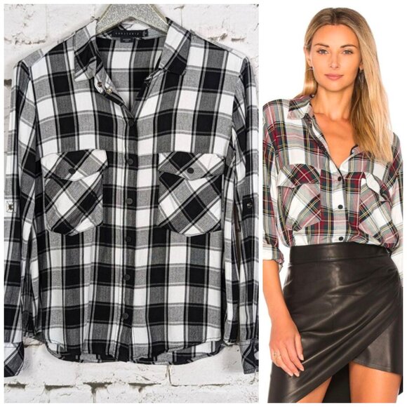 SANCTUARY REVOLVE Boho Cottage Classic Plaid Snap-Front Boyfriend Shirt Small - Picture 1 of 10